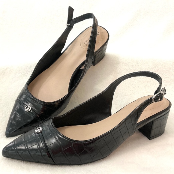 Black Giani Bernini Sling back Memory Foam Dressy Croc Embossed Heels Sz 9.5M - Picture 1 of 14